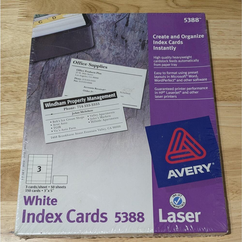 Avery 5388 White Index Cards 3x5 Laser Inkjet 3 Cards/Sheet 150 Business Cards